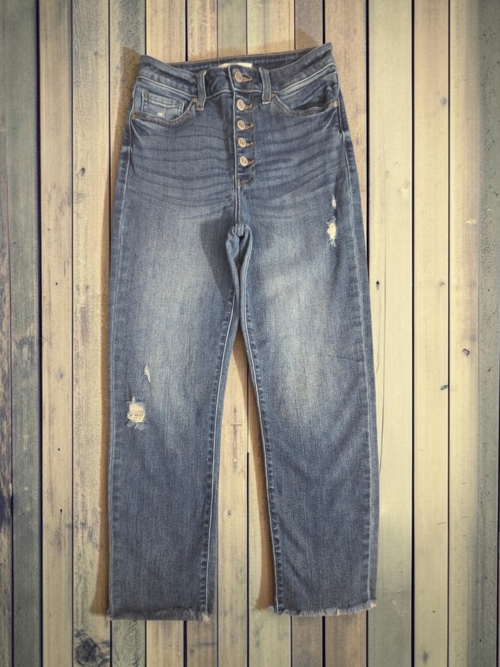 Eunina Ally Ultra High Rise Straight Crop Jeans Size 5 Distressed Button Fly